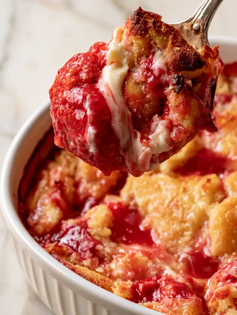 Close-up action shot of a spoon lifting a scoop of strawberry cheesecake dump cake revealing melted cream cheese ribbons.