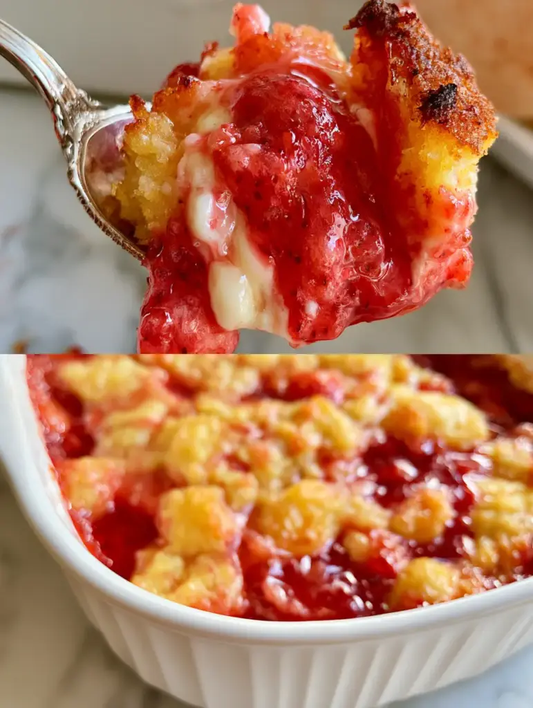 A full white ceramic baking dish filled with strawberry cheesecake dump cake showing a textured golden-yellow crumble and red fruit syrup.