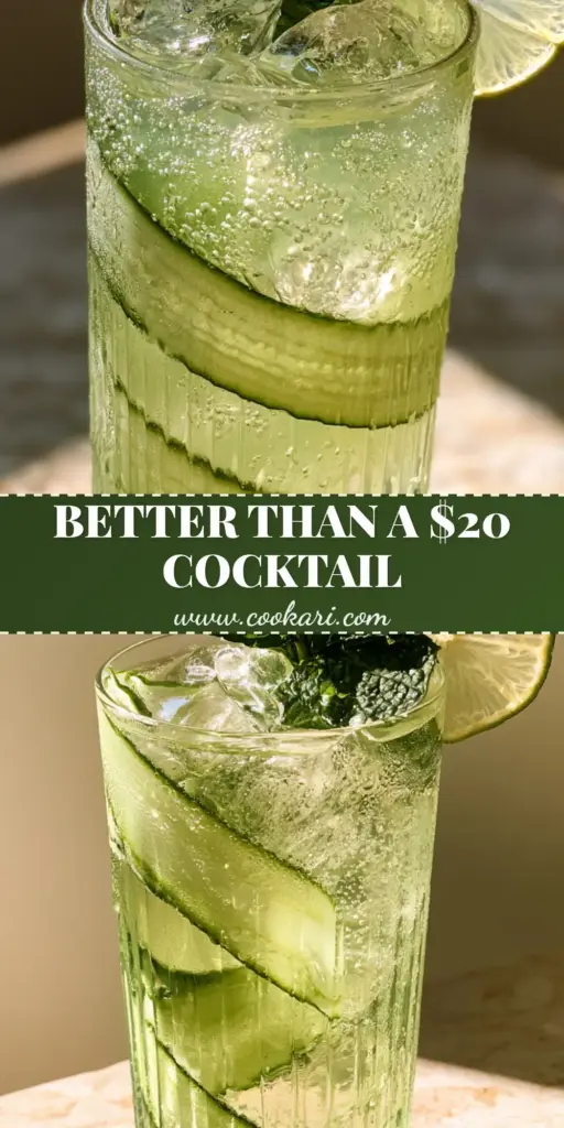 A close-up shot of a tall ribbed glass containing a cucumber mocktail with spiraled cucumber ribbons and crystal clear ice.