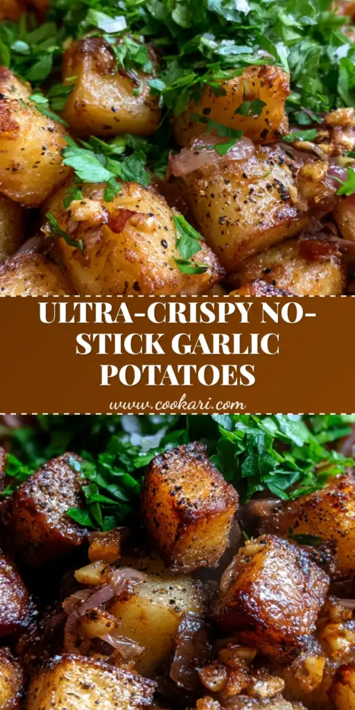 A top-down view of ultra-crispy pan fried potatoes in a cast iron skillet with toasted garlic and red onions.