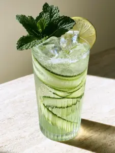 Elegant ribbed glass filled with a translucent pale green cucumber mocktail and mint garnish. (cucumber mocktail)
