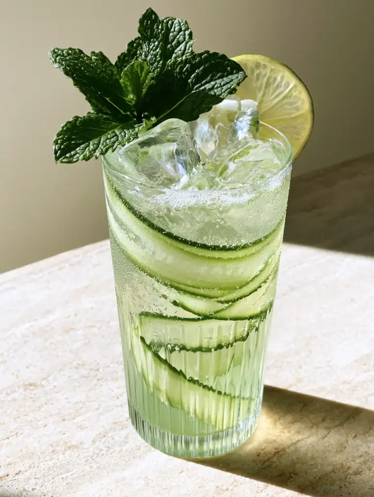 Elegant ribbed glass filled with a translucent pale green cucumber mocktail and mint garnish. (cucumber mocktail)