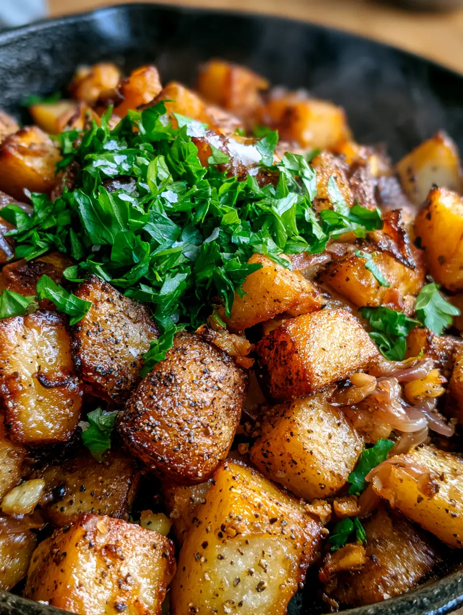 Extreme close-up of golden brown pan fried potatoes cubes with glistening butter and cracked black pepper.