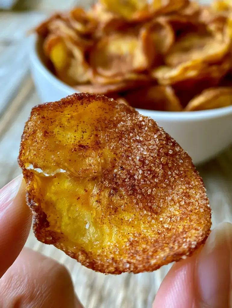 Macro photo of a single air fryer banana chip being snapped in half, showing a dry, airy texture and cinnamon sugar crust.