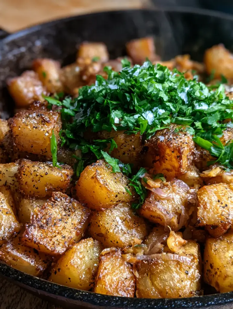 Pan fried potatoes in a cast iron skillet with translucent red onions and fresh parsley garnish.