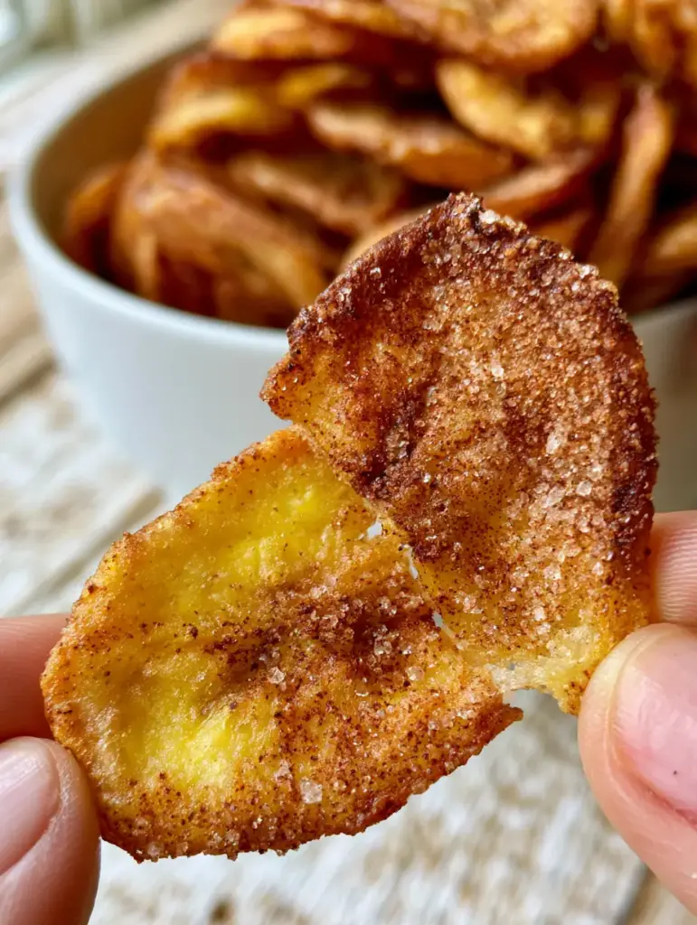 Close up of a hand holding a golden-brown air fryer banana chip with toasted edges and heavy cinnamon dusting.