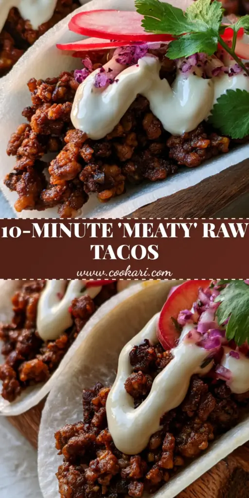 A rustic wooden taco holder containing three Raw vegan tacos with jicama shells, walnut meat, and cashew crema drizzle.