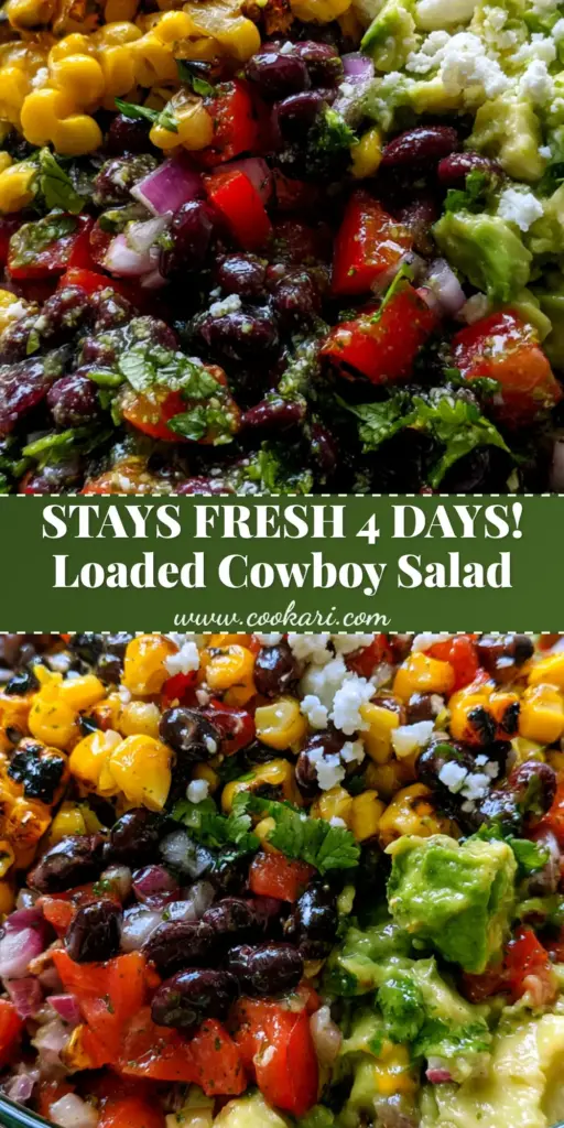 A close-up shot of a Loaded Cowboy Salad in a clear container with charred corn, black beans, and avocado, styled for Pinterest.