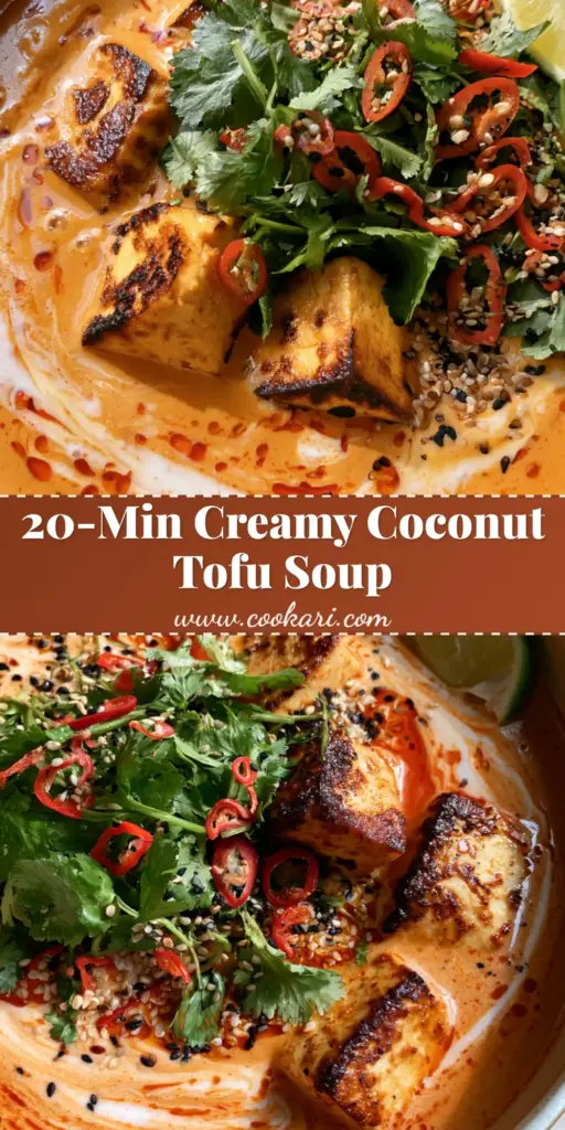 A top-down view of Coconut Tofu Soup in a ceramic bowl with seared tofu cubes, red chili oil droplets, and fresh cilantro on a stone countertop.