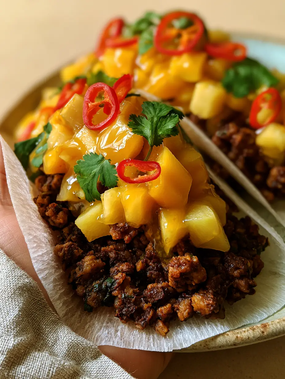 Close-up of Raw Vegan Jerk Tacos with glistening mango pineapple salsa and dark seasoned walnut meat.