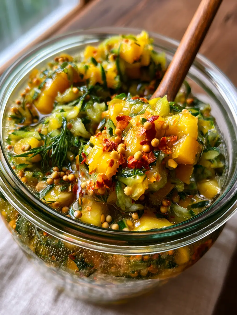 Fermented Summer Squash Relish: A Zesty, Probiotic-Rich Summer Condiment 3 Macro view of diced yellow squash and shredded zucchini in clear brine with bubbles. (fermented summer squash relish)