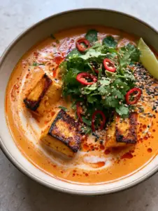 Close-up of Coconut Tofu Soup showing thick white coconut milk swirls and perfectly seared firm tofu with charred edges.