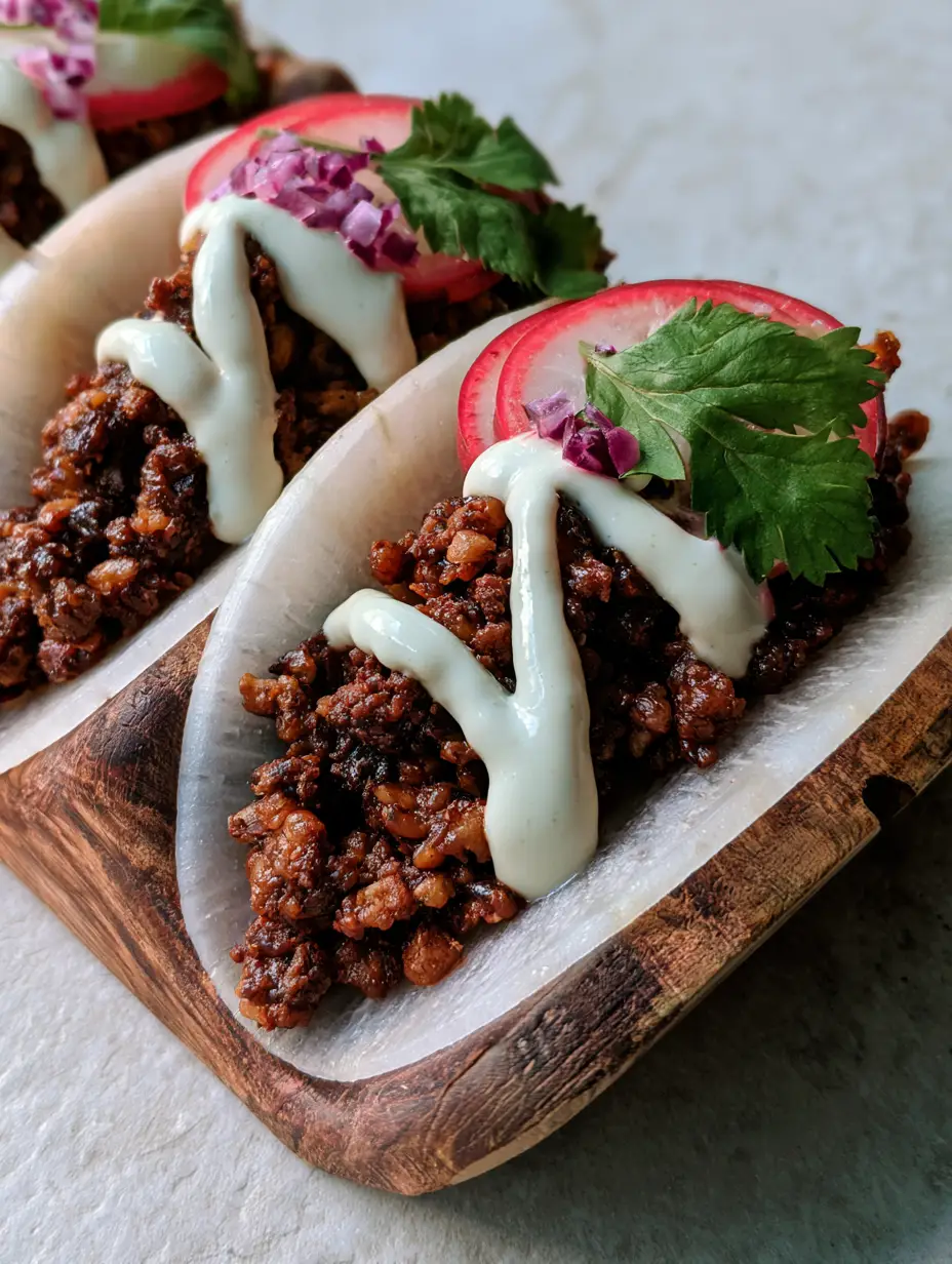 Close-up of Raw vegan tacos showing the texture of the walnut meat and translucent jicama shells.