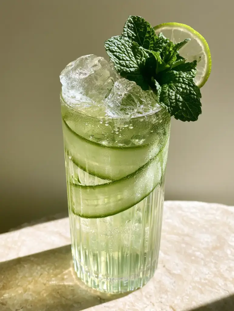 Elegant ribbed glass filled with cucumber mocktail featuring spiraled cucumber ribbons and mint.