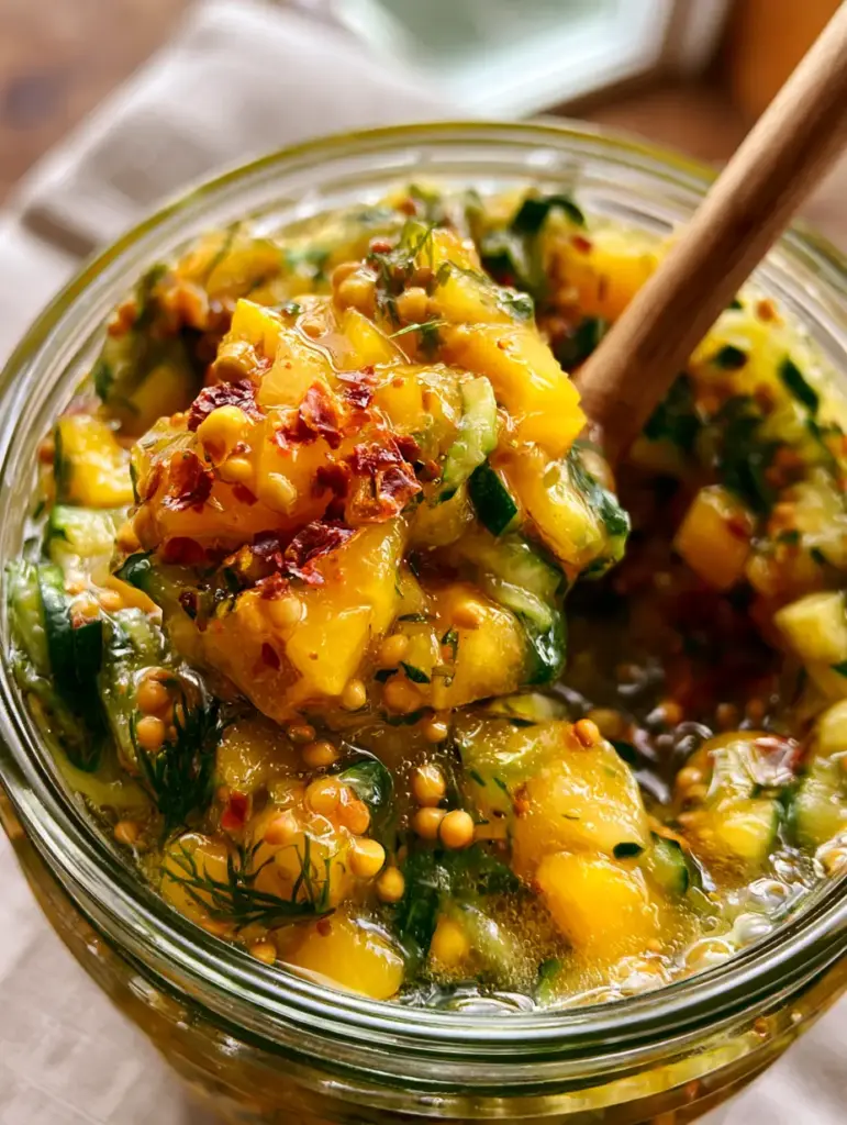Fermented Summer Squash Relish: A Zesty, Probiotic-Rich Summer Condiment 1 A wooden spoon lifting a heap of crunchy, glistening fermented summer squash relish from a jar.