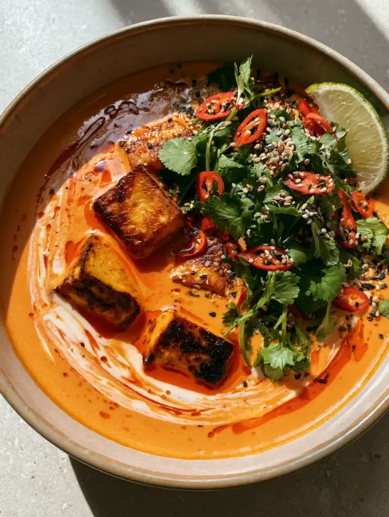 Authentic smartphone photo of Coconut Tofu Soup with red bird's eye chilies and toasted sesame seeds on a light grey stone background.