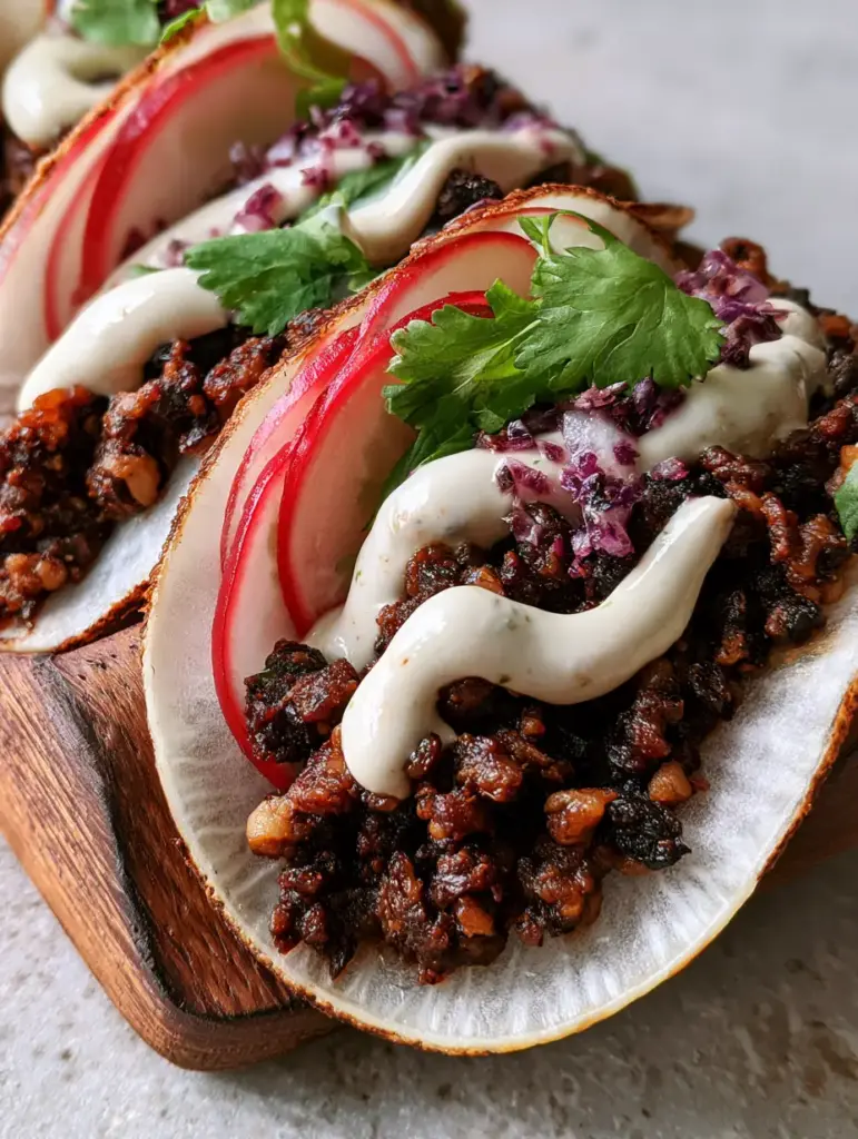 Side view of three Raw vegan tacos with vibrant garnishes of radish and cilantro.