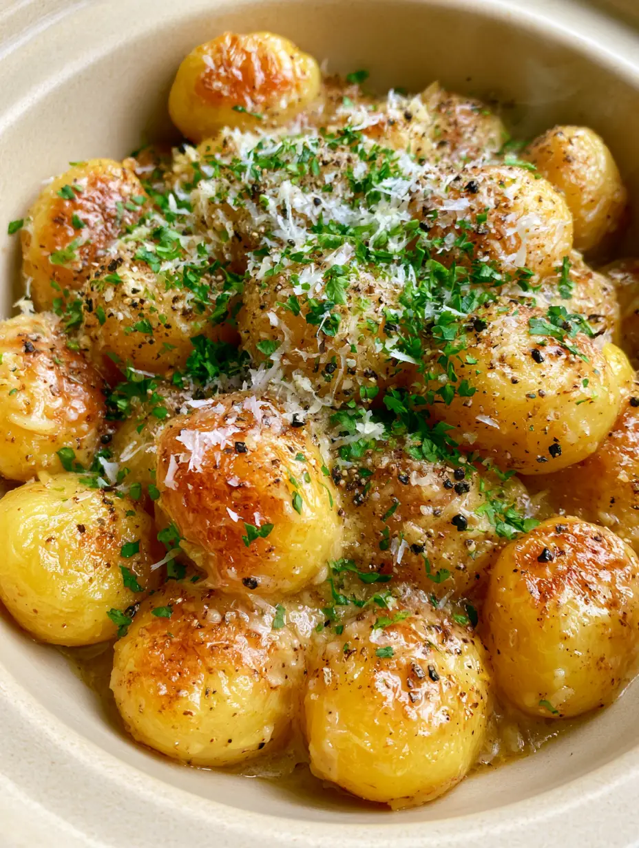A handheld smartphone photo showing tender slow cooker potatoes with golden skins and a glossy herb butter glaze. (slow cooker potatoes)