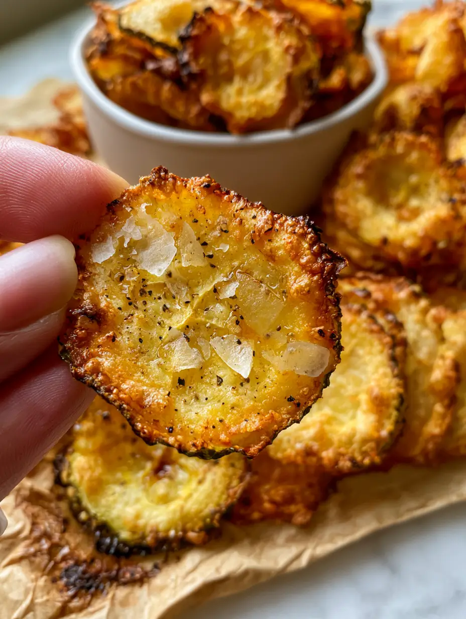 High-angle view of golden Cucumber Chips with charred edges and sea salt flakes in a white ceramic bowl. (Cucumber Chips)