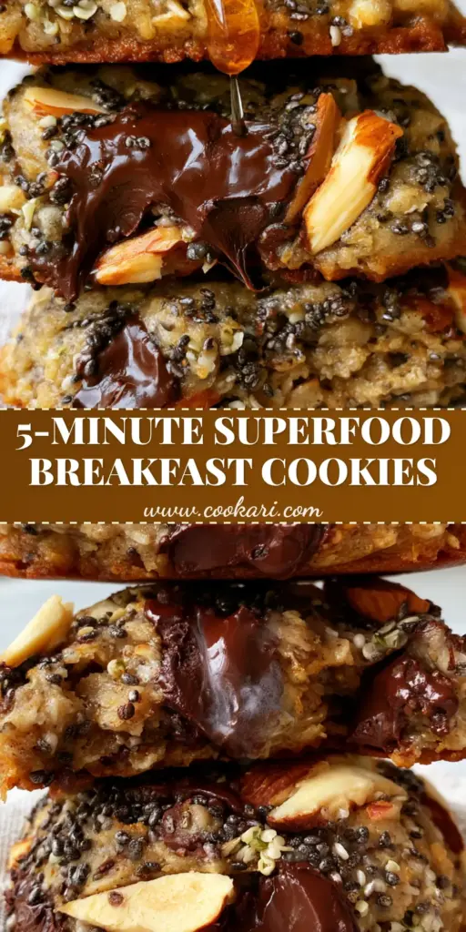 Superfood Breakfast Cookies: Thick, Chewy, and Nutrient-Dense 4 A stack of three thick Superfood Breakfast Cookies with melting chocolate chunks and honey drizzle on a linen napkin.