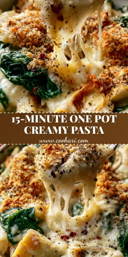 A close-up vertical shot of spinach artichoke pasta in a ceramic bowl featuring a massive mozzarella cheese pull and golden panko topping.