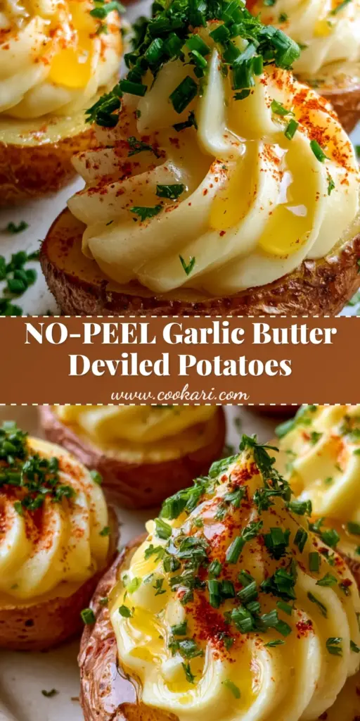 Close-up of Deviled Potatoes with piped garlic butter filling, smoked paprika, and fresh chives on a rustic plate. (Deviled Potatoes)