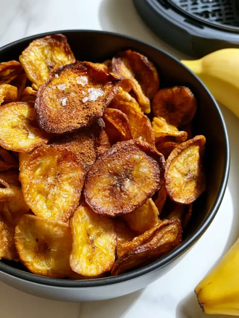 Top-down view of rippled Air-Fried Banana Chips in a black bowl showing translucent golden centers.