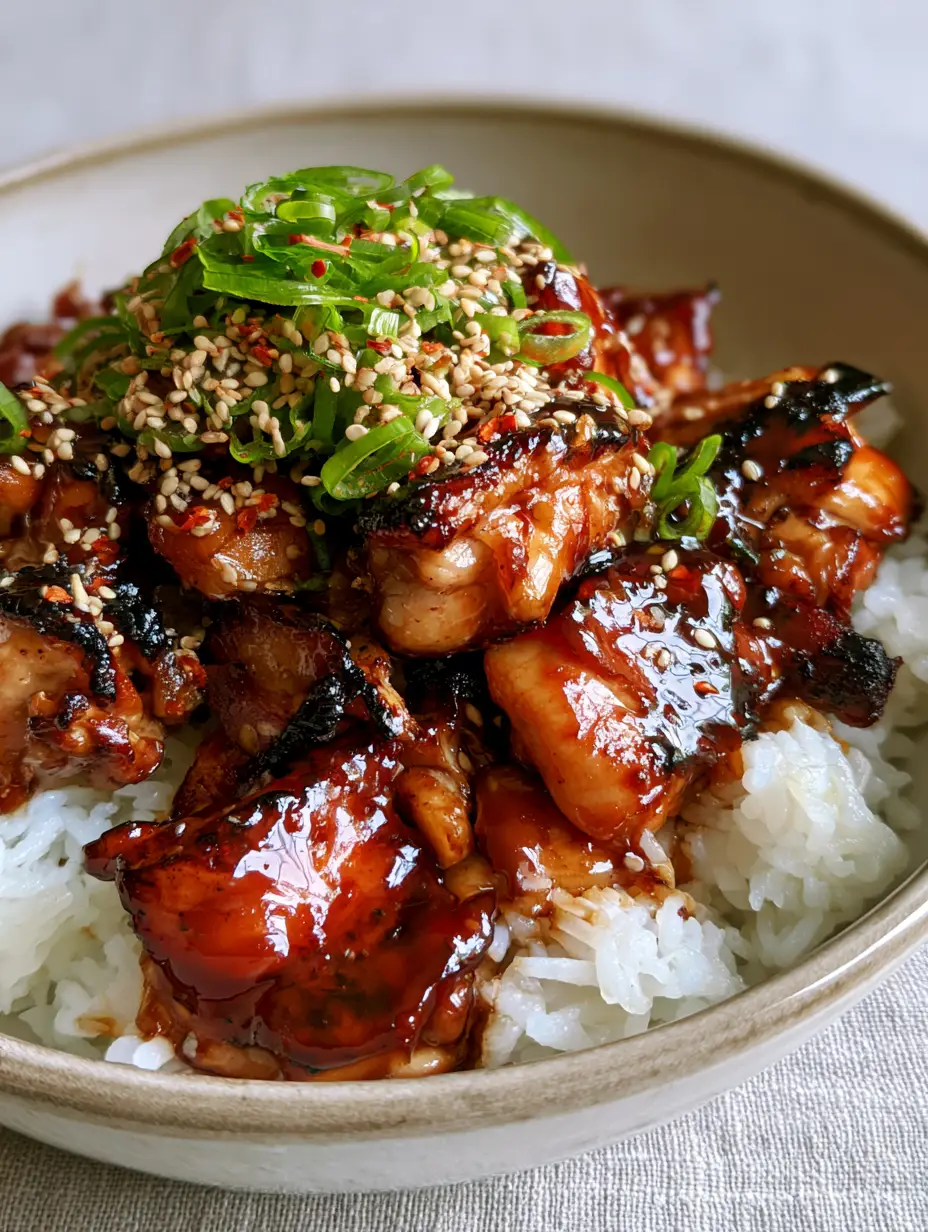 Teriyaki Chicken: Better-Than-Takeout Sticky Garlic Glaze 4 Close-up of seared chicken thigh cubes coated in a dark amber glossy sauce with steam rising from fluffy rice. (teriyaki chicken)
