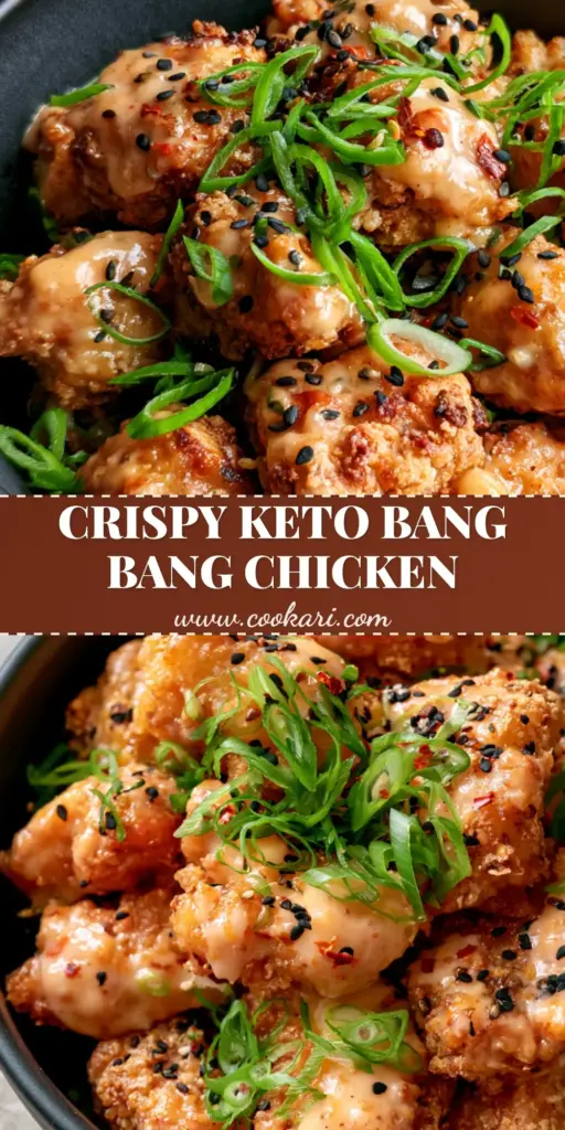 A close up shot of extra crispy low carb bang bang chicken piled in a black bowl with green scallions and sesame seeds.