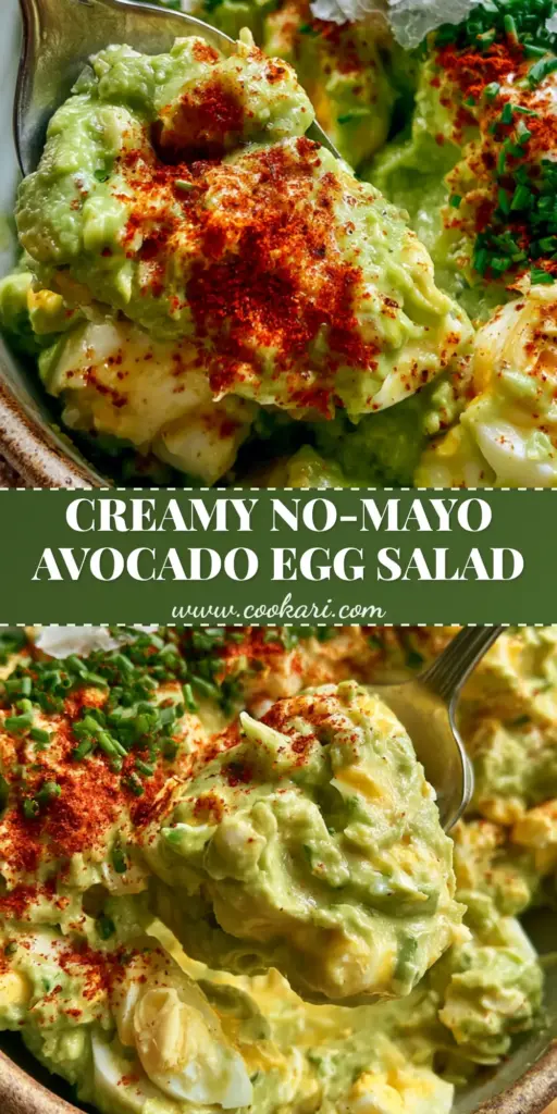 A vertical close-up of a rustic ceramic bowl with chunky avocado egg salad and a silver spoon, served on toasted sourdough bread. (egg salad sandwich)