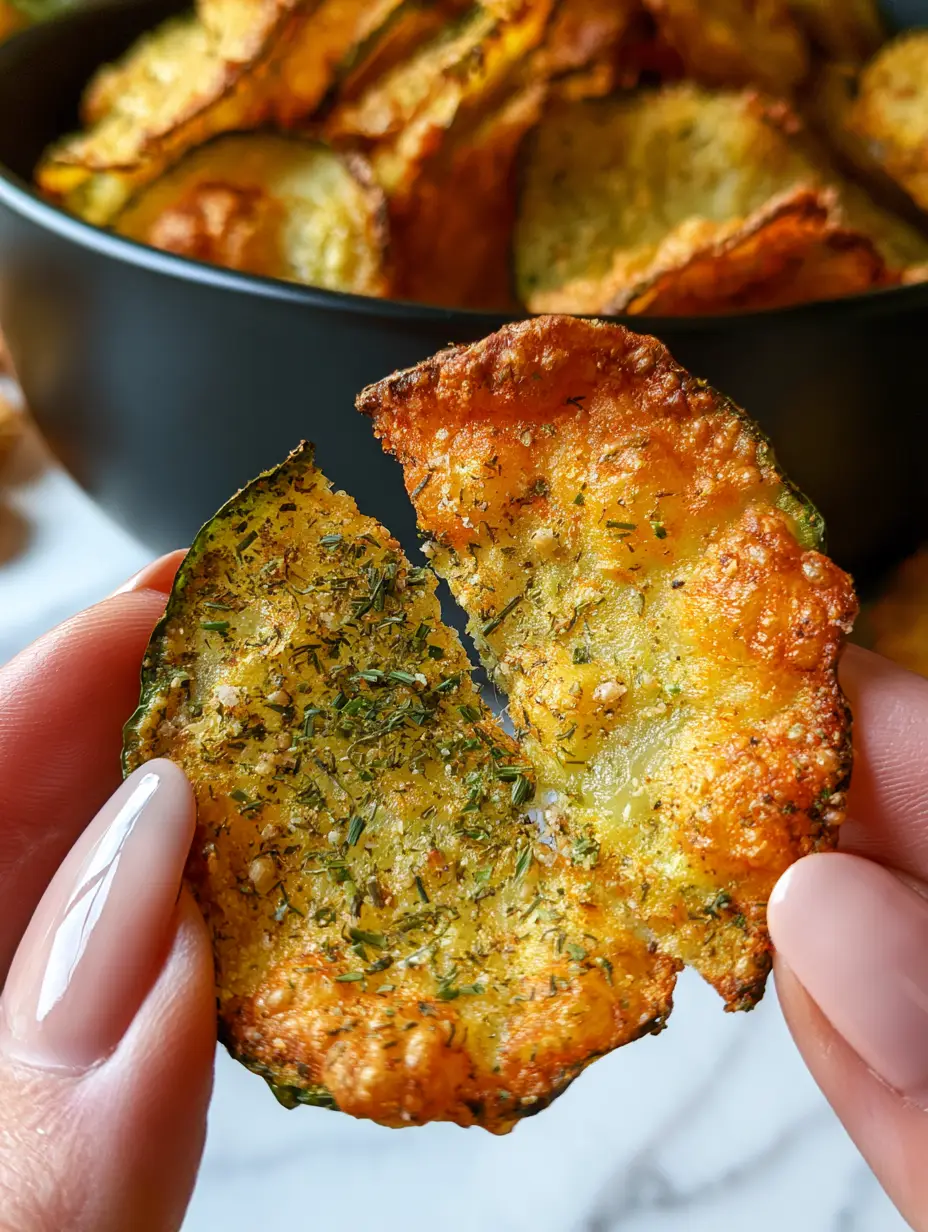 Close up of a single thin cucumber chip being snapped in half to show the crisp texture. (cucumber chips recipe)
