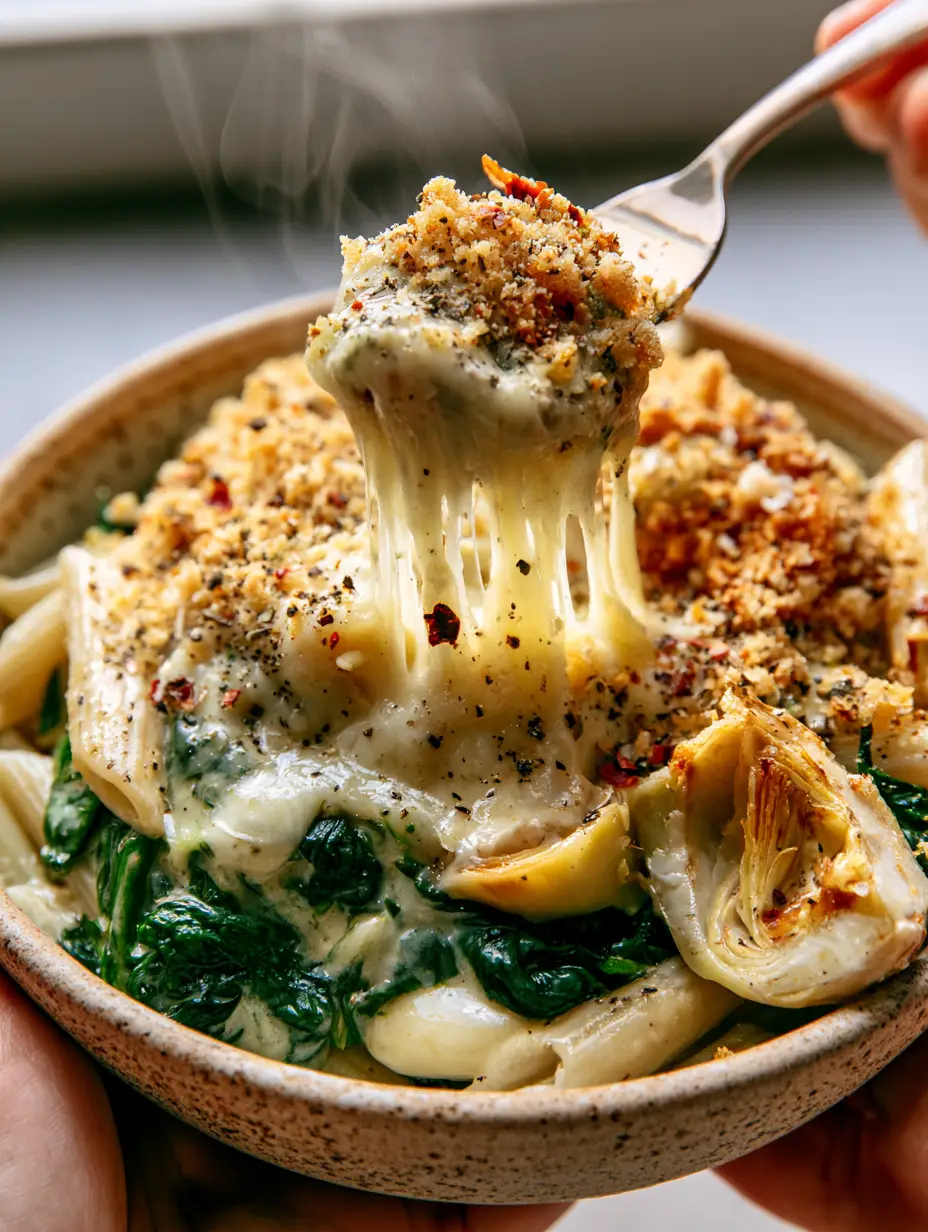 Close-up of al dente penne smothered in white garlic cream sauce with wilted spinach and artichokes. (spinach artichoke pasta)