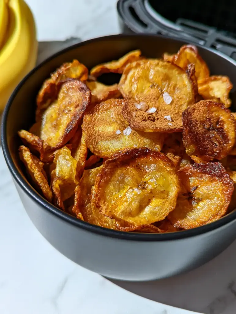 Close up of caramelized Air-Fried Banana Chips with shimmering flaky sea salt and ground cinnamon.