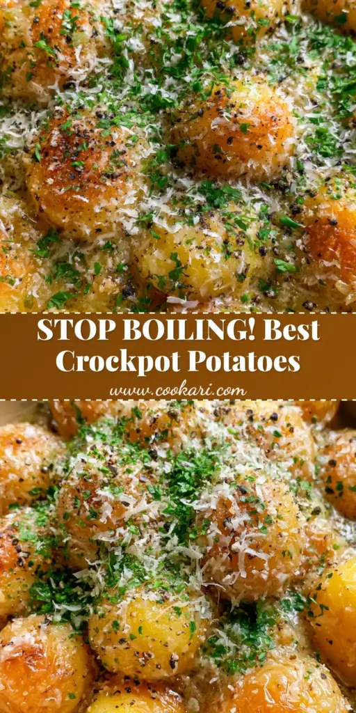 A top-down view of golden-brown slow cooker potatoes in a ceramic pot, drenched in garlic butter and topped with parmesan and parsley. (slow cooker potatoes)