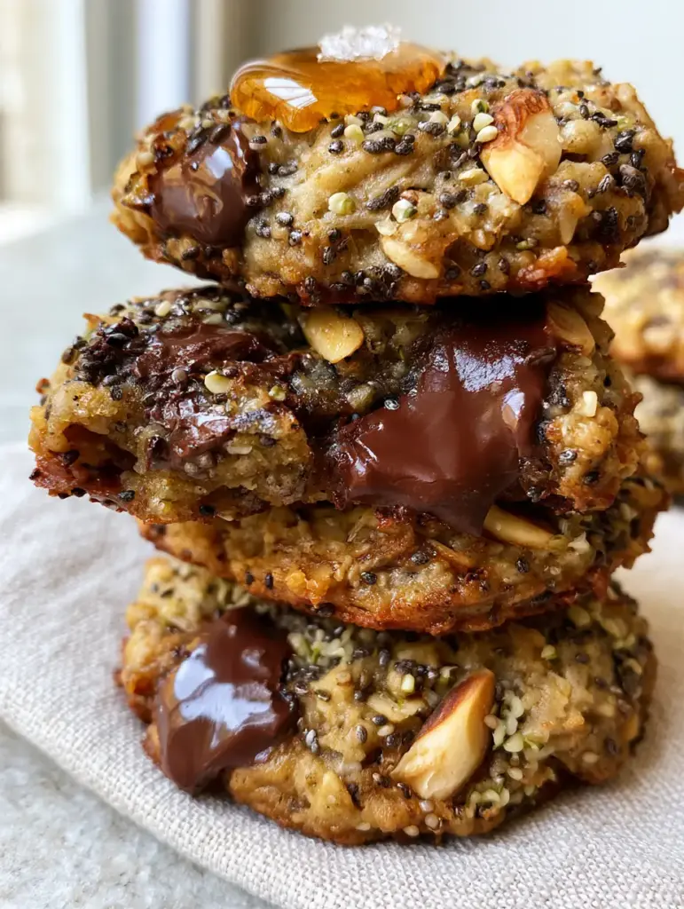 Superfood Breakfast Cookies: Thick, Chewy, and Nutrient-Dense 1 Close up of melting dark chocolate chunks and slivered almonds on a Superfood Breakfast Cookie.