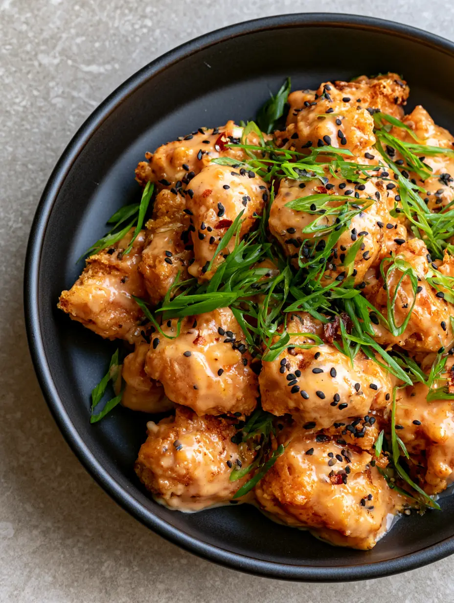 Top-down view of extra crispy air-fried chicken nuggets in glossy orange sauce (low carb bang bang chicken).
