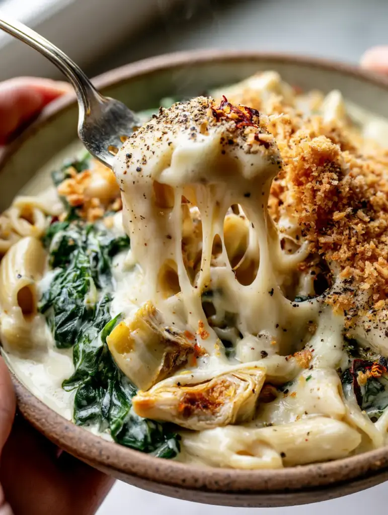 A rustic bowl of spinach artichoke pasta being held by two hands, showing steam rising and golden panko breadcrumbs.