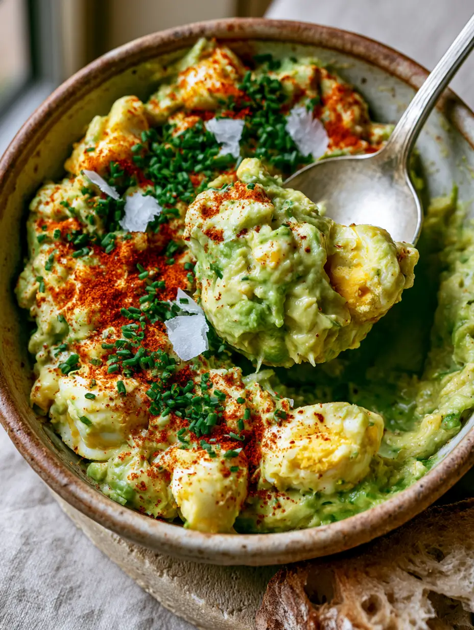 A close-up of chunky hard-boiled egg pieces and mashed avocado in a ceramic bowl with fresh chives. (egg salad sandwich)