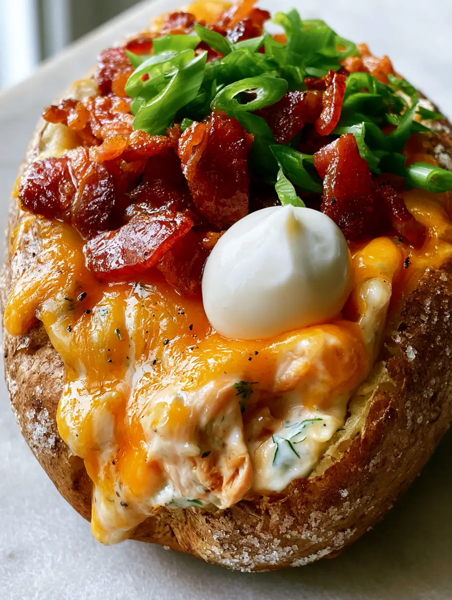 Macro shot of a salt-crusted Russet potato split open with creamy ranch chicken and bubbling orange cheddar cheese.