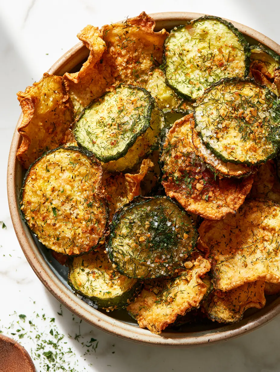 Top-down angled view of ultra-crispy air-fried Ranch Cucumber Chips with golden-brown ruffled edges in a rustic ceramic bowl.