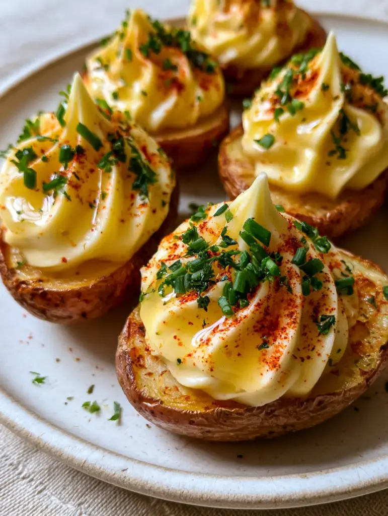 Piping the whipped potato filling into roasted shells using a star tip. (Deviled Potatoes)