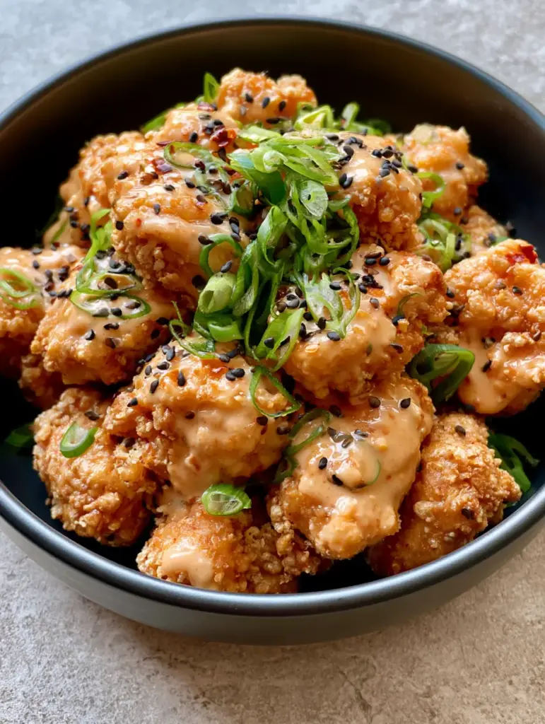 Extreme close-up of keto breading texture on chicken bites with scallions and sesame seed garnish.