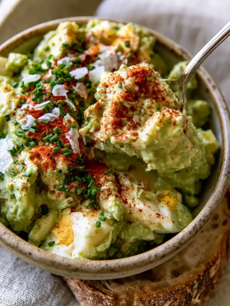 Toasted sourdough bread topped with a generous portion of avocado egg salad and a dusting of smoked paprika.