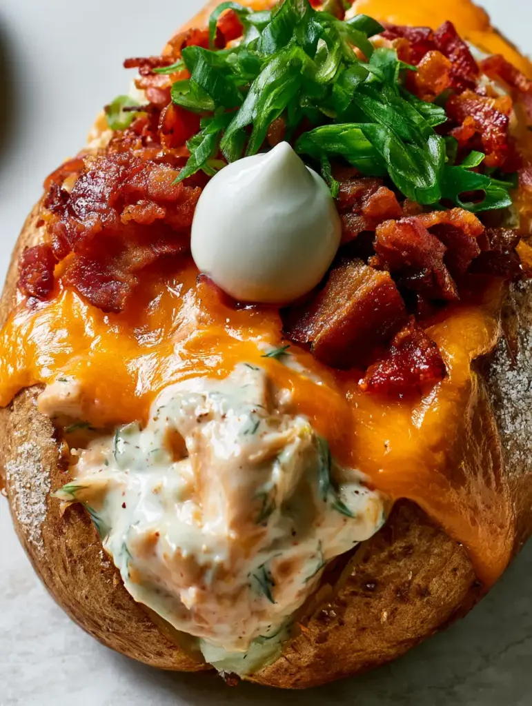 High-angle view of a loaded ranch chicken potato garnished with green onions and a dollop of cold sour cream.