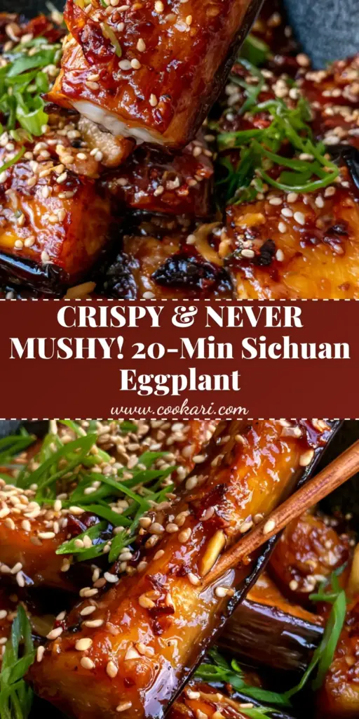 A tall vertical shot of Sichuan Eggplant batons with blistered skin and a mahogany glaze in a dark bowl, garnished with sesame seeds.