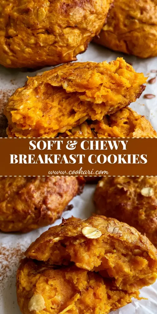 A Pinterest-style vertical shot of thick Sweet Potato Breakfast Cookies showing the moist orange interior and golden edges on white parchment.