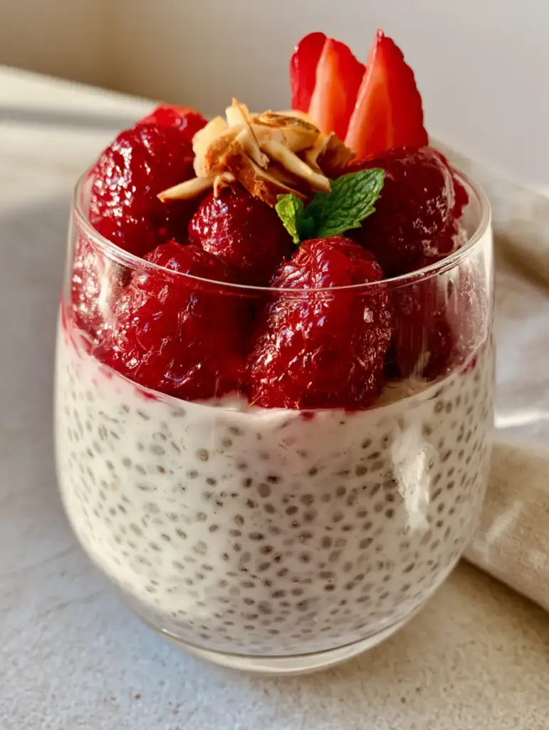 Macro photo of hydrated black chia seeds in a thick almond milk base within a glass tulip jar. (Chia pudding)