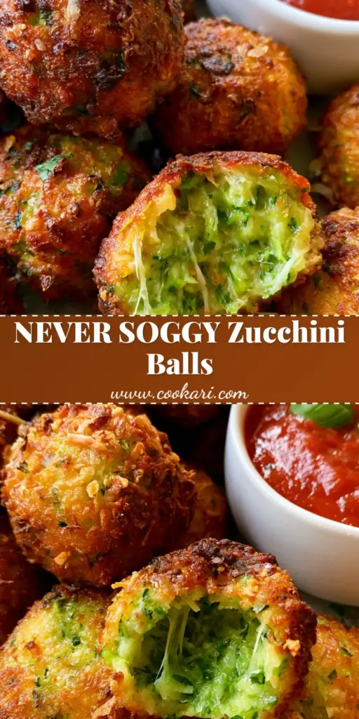 A pile of crispy, golden-brown Zucchini balls with visible toasted parmesan shards and emerald green zucchini flecks, served with marinara sauce.