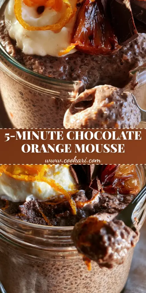 A handheld smartphone photo of a thick Chocolate Orange Chia Pudding in a clear jar with a silver spoon scooping the mousse-like interior, topped with blood orange and dark chocolate shards.