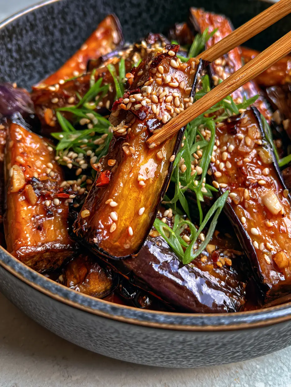 Extreme macro close-up of glossy mahogany Sichuan Eggplant with visible garlic bits and chili flakes.